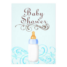 Blue/Brown Bottle & Swirl Baby Shower Invitation