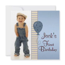 Blue Brown Boys Photo 1st Birthday Party Invites