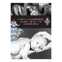 Blue & Brown Damask Birth Announcement