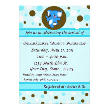 Blue/Brown Elephant Baby Shower Invititation Personalized Announcements