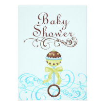 Blue/Brown Rattle & Swirl Baby Shower Invitation