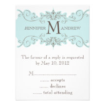 Blue Brown Swirl Monogram Wedding RSVP Cards Invite