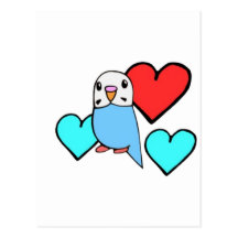 Blue Budgie with Hearts Postcards