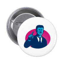 blue businessman politician pointing retro buttons