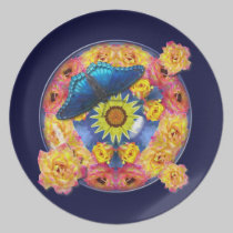 Blue Butterfly floral kaleidoscope mandela plates