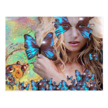 BLUE BUTTERFLY IN TEAL GREEN GOLD SPARKLES POSTCARD