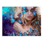 BLUE BUTTERFLY IN TEAL GREEN GOLD SPARKLES POSTCARD
