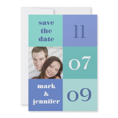Blue Colour Block Photo Save The Date Announcement by pinkinkart