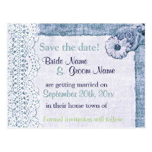 Blue country lace on burlap save the date postcard