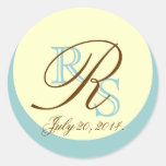 Blue Cream Brown Wedding Three Monogram Sticker