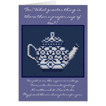 Blue cross stitch tea pot Japanese Proverb design Greeting Card