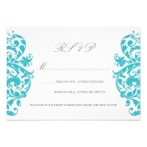 Blue Curacao Damask Wedding RSVP Cards invitations