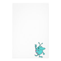 blue cute cartoon peace gesture alien dude custom stationery