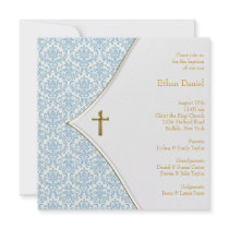 Blue Damask Cross Boy Baptism Christening Personalized Announcements