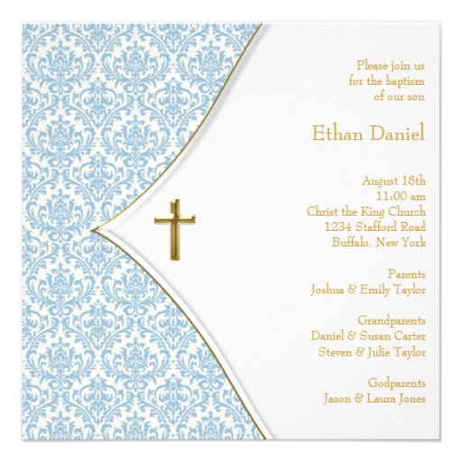 Blue Damask Cross Boy Baptism Christening Personalized Announcements