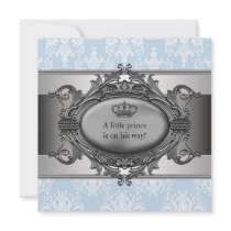 Blue Damask Crown Little Prince Boy Baby Shower Invitation