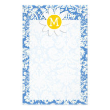 Blue Damask; Daisy Custom Stationery