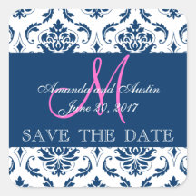 Blue Damask Initial Save the Date Sticker