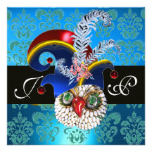 BLUE DAMASK ,JEWEL OWL ,ELF HAT,DIAMOND  FEATHERS PERSONALIZED INVITATIONS