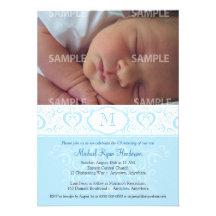 Blue Damask Monogram Baptism/Christening Invitation