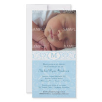 Blue Damask Monogram Baptism/Christening Photo Card Template