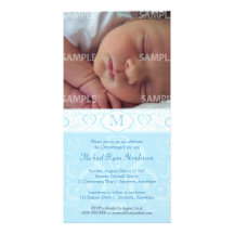 Blue Damask Monogram Baptism/Christening Photo Card Template