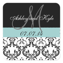 Blue Damask Monogram Save the Date Stickers