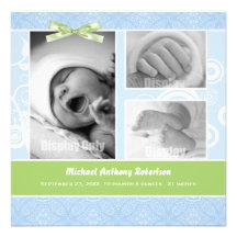 Blue Damask Photo  Birth Announcement
