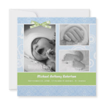 Blue Damask Photo  Birth Announcement