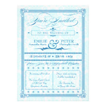Blue Damask Poster-Style Wedding Invitation