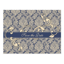 Blue Damask Save the Date Postcard - TBA