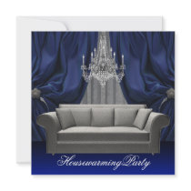 Blue Damask Sofa Chandelier Housewarming Party
