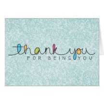 Blue Damask Thank You For Being You Greeting Cards