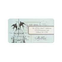 Blue Damask Vintage Bird Cage Air Mail Love Poem Address Label