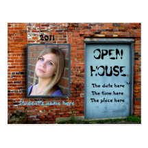 Blue door brick wall open house postcards