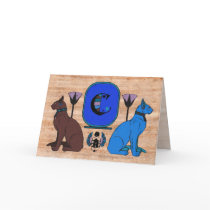 Blue Egyptian Cat Monogram Greeting Card: C