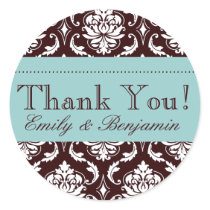Blue Espresso Damask Wedding Thank You Stickers