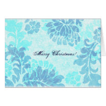 Blue floral damask Merry Christmas Greeting Cards