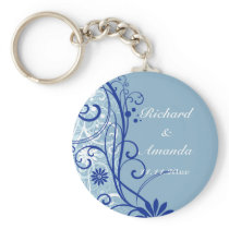 Blue Floral Wedding Swirls Key Chain