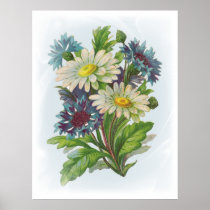 Blue Flowers and Daisies Poster