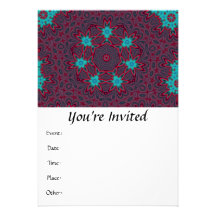 Blue Flowers Mandala on Red Personalized Invitation