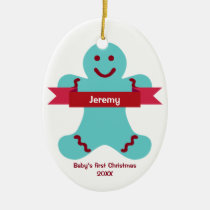Blue gingerbread kid red banner name baby first ornaments