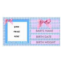 BLUE  GINGHAM BIRTH ANNOUNCEMENT CUSTOMIZED PHOTO CARD