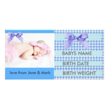 BLUE  GINGHAM BIRTH ANNOUNCEMENT PICTURE CARD