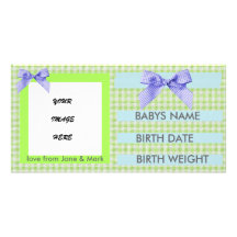 BLUE  GINGHAM BIRTH ANNOUNCEMENT PICTURE CARD