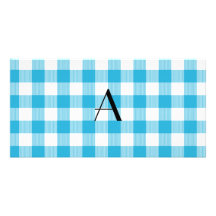 Blue gingham pattern monogram personalized photo card