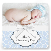 Blue Giraffe Baby Boy Photo Christening Personalized Announcements
