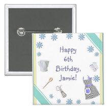 Blue Girls Cooking Party Birthday Buttons