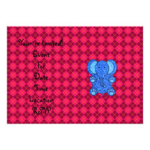 Blue glitter elephant pink argyle pattern personalized invites