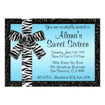 Blue Glitter Invite With Zebra Print Bow